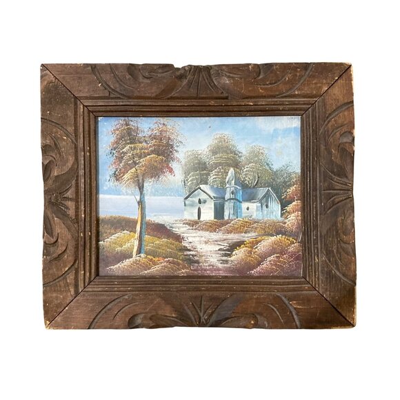 Vintage Framed Landscape Oil Painting With Wooden Carved Frame 14.5" X 12.5" - Picture 1 of 5
